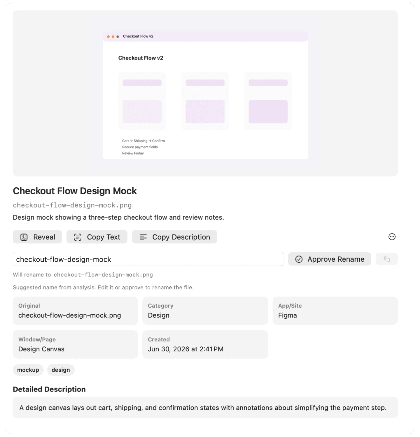 A screenshot’s detail card: AI title, description, tags, and a rename waiting for approval