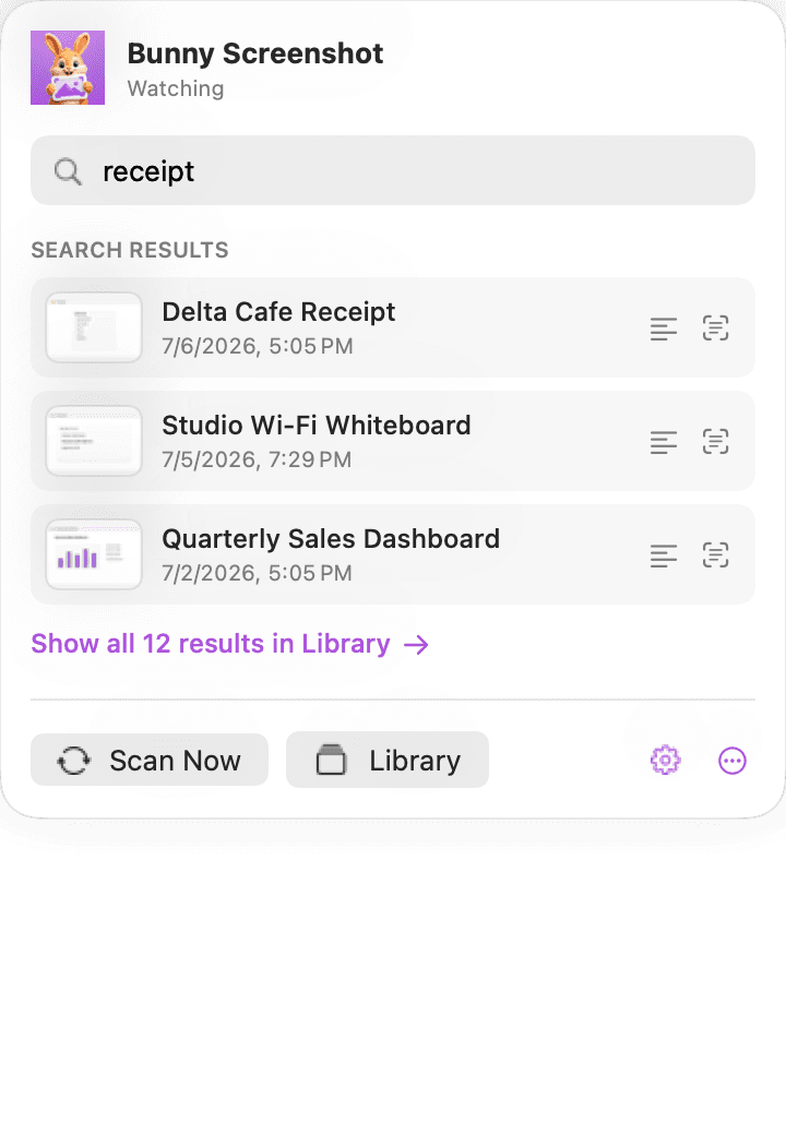 The Bunny Screenshot menu-bar dropdown, searching “receipt”